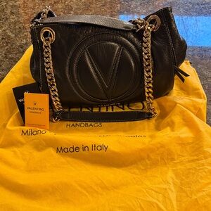 Mario Valentino Black Leather Shoulder Bag with Gold Chain